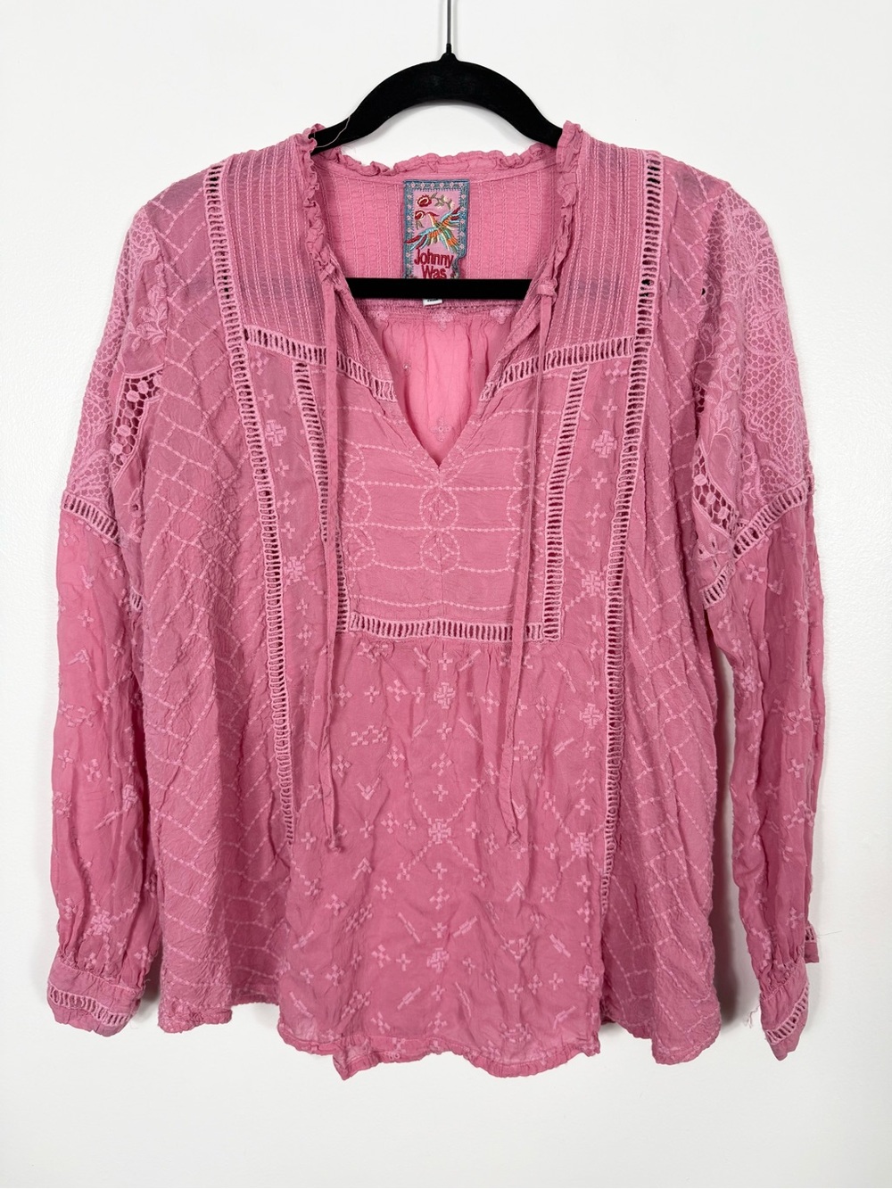 Johnny Was Gallerie Sabine Embroidered Boho Semi Sheer Pink Blouse Small